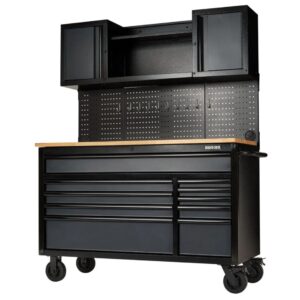 Draper Bunker 56" Mobile Workstation with 10 Drawers, Hardwood Worktop, and Pegboards - Grey