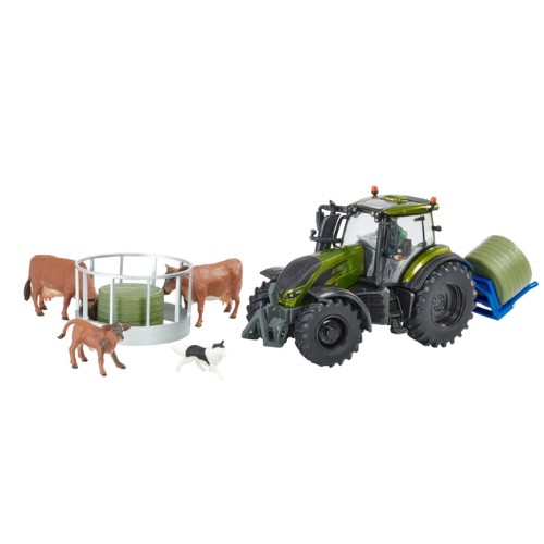 Britains Metallic Olive Green Valtra Playset with Cow Feeder & Bale Lifter - 1:32 Scale Farm Model